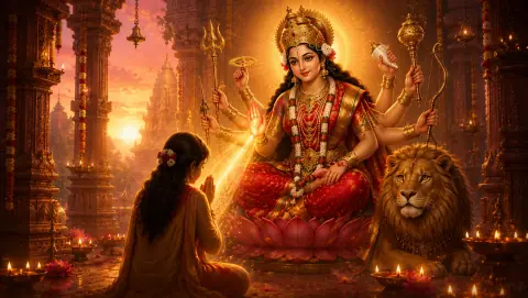 क्षमा प्रार्थना का चित्र: हाथ जोड़े भक्त और माँ का आशीर्वाद