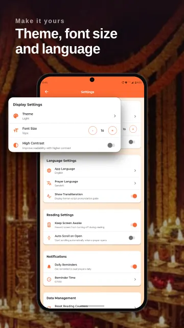 Settings: app language, appearance, text size and daily reminder